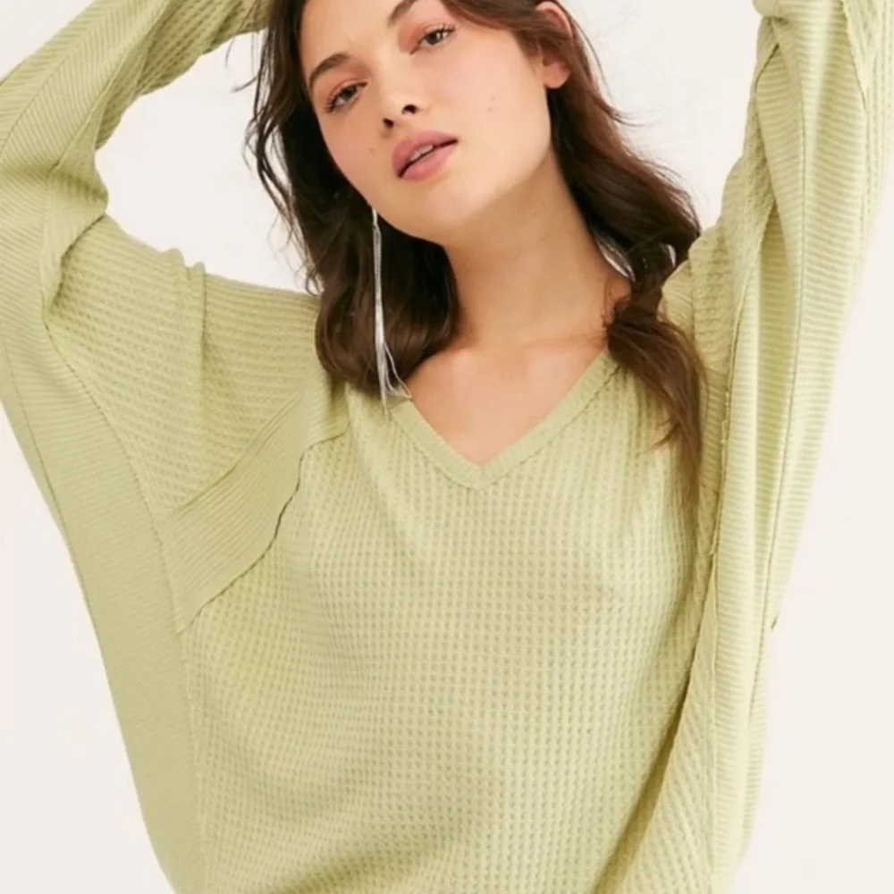 Free People Santa Clara Thermal Top Green Long Sleeve Top 100% Cotton
